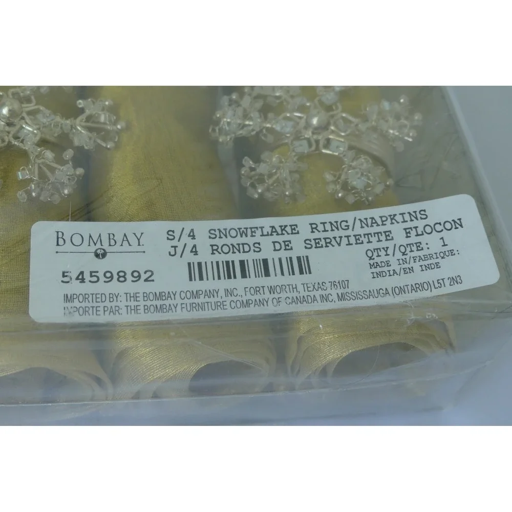 Bombay Snowflake Beaded Napkin Rings & Gold Napkins Set of 4 Christmas NOS